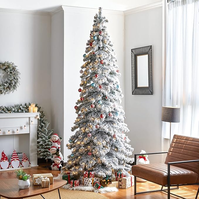 Glitzhome 9ft Pre-Lit Flocked Layered Spruce Artificial Christmas Tree, Large Elegant Snowfall Spruce Xmas Tree for Holiday New Year Home Decor