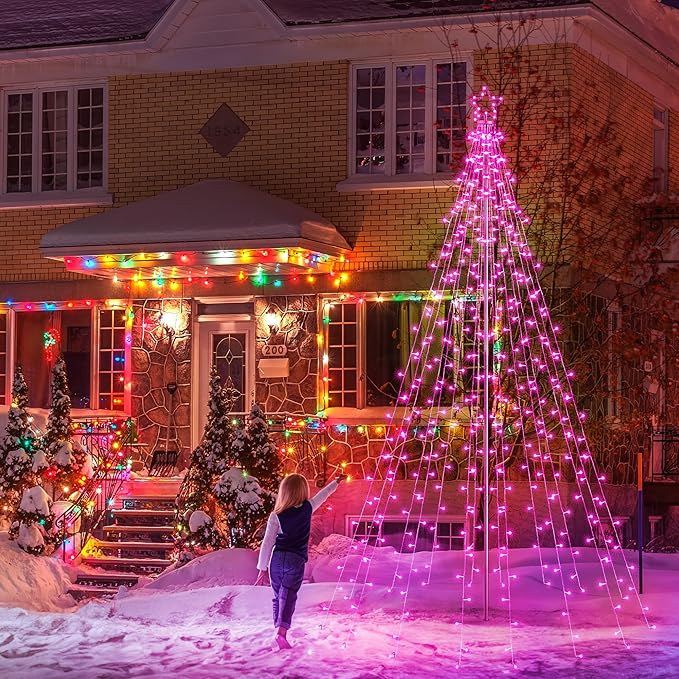 Lomotech Christmas Tree Lights - 10Ft 404 LED with 7.08" Topper, Remote Controll Waterproof Iron Pole Waterfall Lights for Outdoor Christmas Decorations (Pink)