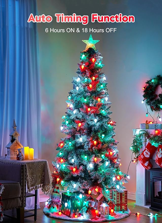 C9 Christmas Lights Outdoor Waterproof, 81 Feet 100 LED C9 String Lights with Timer & 8 Light Mode, Connectable Christmas Tree Lights for Indoor Outside Roofline Decoration, Red, Green & Pure White