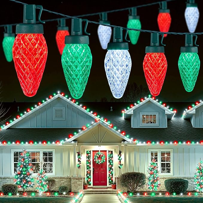 Brightown C9 Christmas Lights Outdoor, 114FT 150 LED String Lights with Timer, 8 Modes, UL Listed Waterproof Christmas Tree Lights for House Roof Garden Patio Decor, Red Green and Pure White