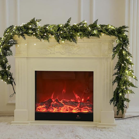 MISSPIN 9ft Christmas Garland with Lights, Real Touch Winter Cedar Pine Garland, Green Artificial Greenery Garland for Table, Mantle, Wall, Indoor, Outdoor Christmas Decorations