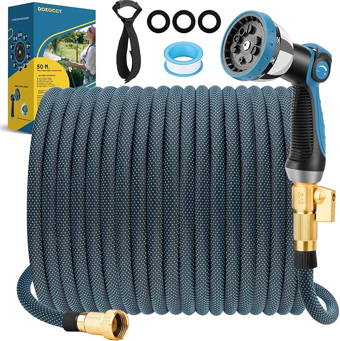 Non-Expanding Garden Hose 50 ft, Flexible Water Hose with 10 Function Spray Nozzle, Lightweight Hose Pipe, Leak-Proof, Durable, Kink-Resistant, 3/4 Inch Connector, Portable Storage Strap