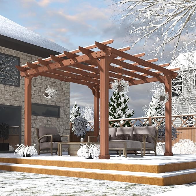 BlueWish 10'x10’ Outdoor Pergola, Patio Fir Wood Gazebo Outdoor Backyard Gazebo Pergola Kits with Slatted Roof Trellis & Stakes for Deck Grill Party Garden