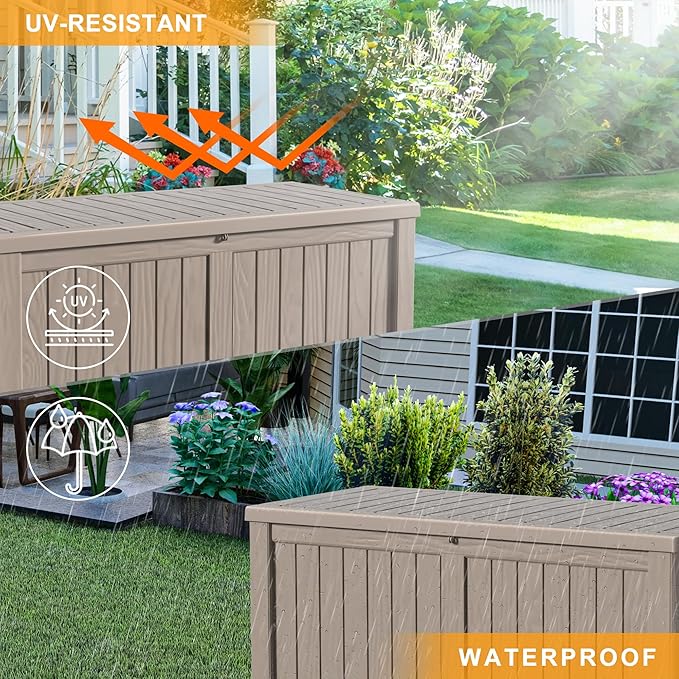 120 GallonOutdoor Storage Box,Resin Deck Boxes Waterproof, IndoorOutdoor Bin for Package Delivery, Patio Cushions, Gardening Tools, Lockable, UV Resistant
