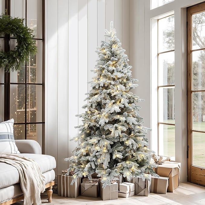 LuxenHome 6FT Christmas Tree with Lights, Full Flocked Artificial Christmas Tree with Pine Cone, 280 LED Lights, and Snow Flocked Branches, Prelit Pine Tree for Indoor, Outdoor Holiday Décor