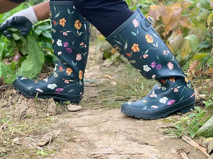 Rongee Rain Boots for Women Waterproof Garden Outdoor Mud Boots Printed with Adjustable Buckle