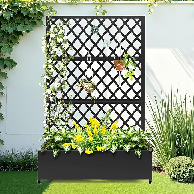 Metal Raised Garden Bed with Trellis and Wheels, 2 in 1 Trellis with Planter Box & Privacy Screen for Climbing Plants, Outdoor Standing Flower Beds with Drainage Holes, 47.2''L×15.7''W×70.9''H, Black