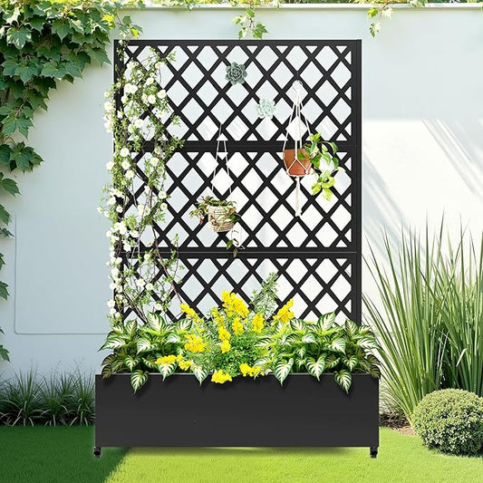 Metal Raised Garden Bed with Trellis and Wheels, 2 in 1 Trellis with Planter Box & Privacy Screen for Climbing Plants, Outdoor Standing Flower Beds with Drainage Holes, 47.2''L×15.7''W×70.9''H, Black