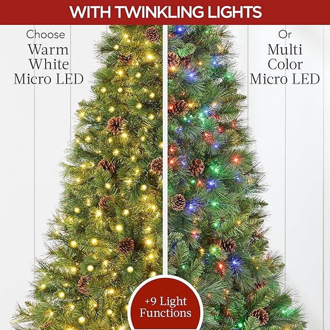 Best Choice Products Full Scotch Pine Christmas Tree, 7.5ft Pre-Lit Holiday Decor w/ 1,500 Twinkling Micro LED Lights, 2-in-1 White & Multicolor