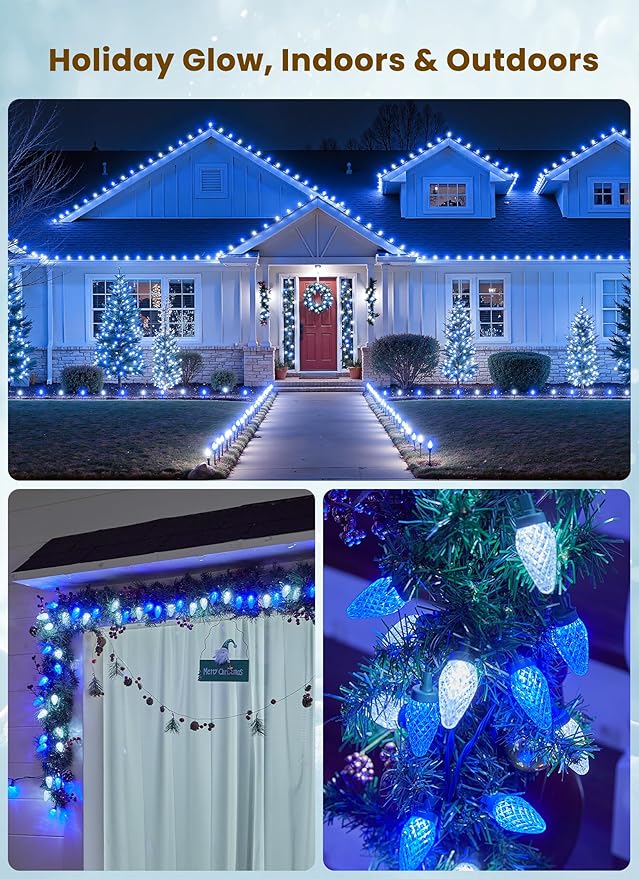 C9 LED Christmas Lights Outdoor, 68Ft 100 LED String Lights with Quick Clips, Commercial Grade Extendable Waterproof Outdoor Christmas Lights for House Outside Roofline Xmas Decor, Blue & Pure White