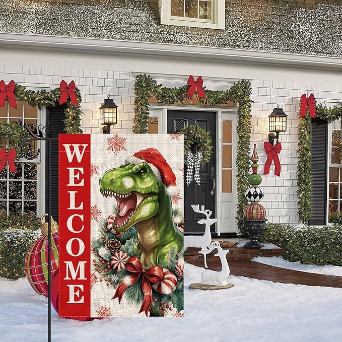 Christmas Garden Flag Welcome Xmas Dinasour Winter Holiday Decorations Burlap Vertical Double Sided Farmhouse Yard Lawn Outdoor Decor 12.5 x 18 Inch