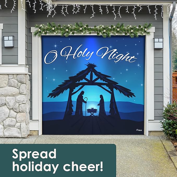 7' x 8' Peaceful O Holy Night Nativity Garage Door Banner - Designed to Move with Door | Sacred Christmas Single Garage Door Decoration