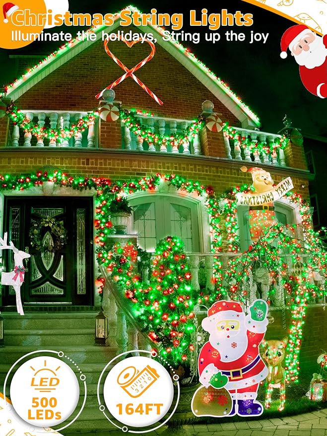 500 LED 164 FT Christmas Lights, Waterproof Outdoor String Lights with Remote and Timer, Christmas Tree Lights with 8 Modes Dimmable, Fairy Lights for Holiday Decor (Red and Green)