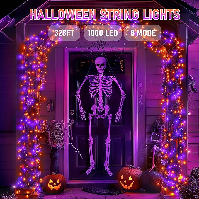 TW SHINE Halloween Lights, 1000 LED 328FT Halloween Lights Outdoor Plug in with 8 Modes, Remote Waterproof String Lights Outdoor Indoor Decorations for Xmas Party Yard Decor, Purple & Orange