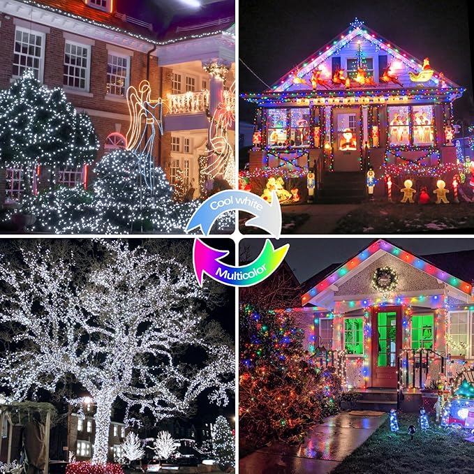 Cool White and Multicolor Color Changing Solar String Lights for Outside, 2 Pack 400LED Solar Christmas Lights Outdoor, Waterproof Copper Wire with 8 Modes Twinkle Fairy Light for Tree Christmas Decor
