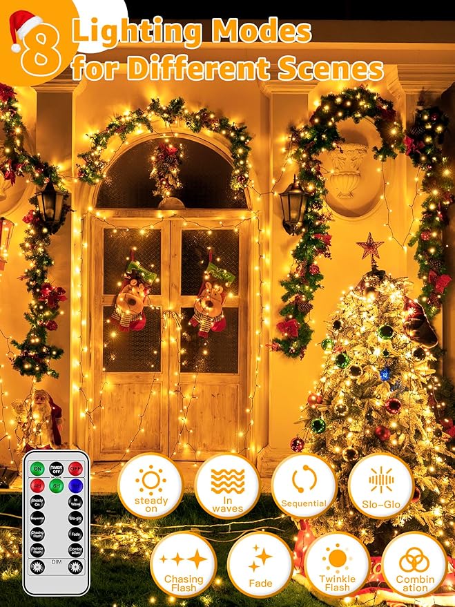 500 LED 164 FT Christmas Lights, Waterproof Outdoor String Lights with Remote and Timer, Christmas Tree Lights with 8 Modes Dimmable, Fairy Lights for Holiday Decor (Warm White)