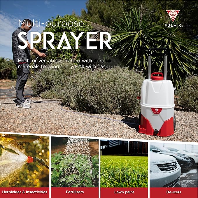 PULMIC Electric Sprayer Pegasus 35. 9.25-Gallon Cart Sprayer. 3 Application Speeds Up to 60 PSI Pressure. 18V Removable Lithium Battery. Up to 7 Hours of Autonomy. 20 ft Hose and Accessories Included