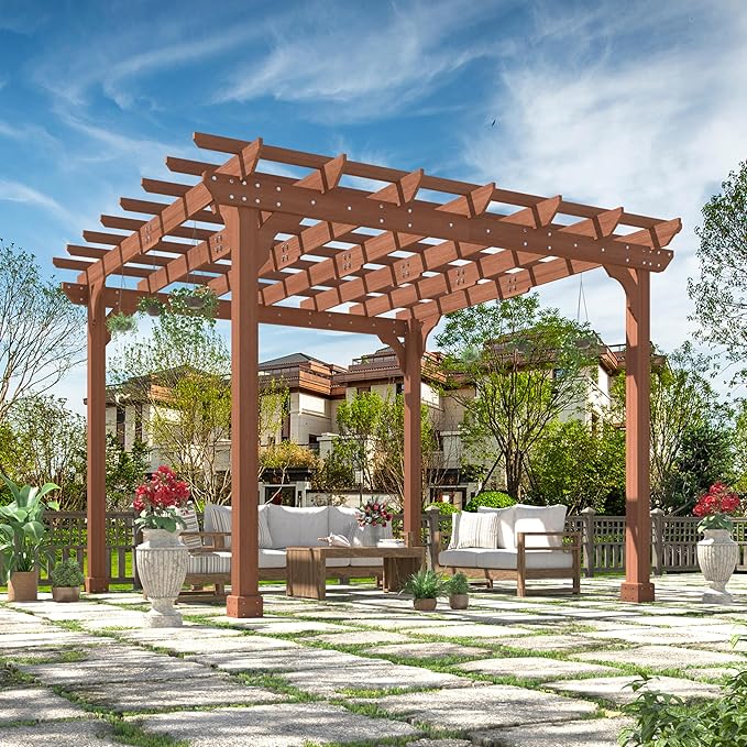 BlueWish 12'x12' Pergola with Solid Fir Wood Frame, Patio Wood Gazebo Backyard Gazebo Pergola Kits with Slatted Roof Trellis & Stakes for Deck Yard Grill Party Garden
