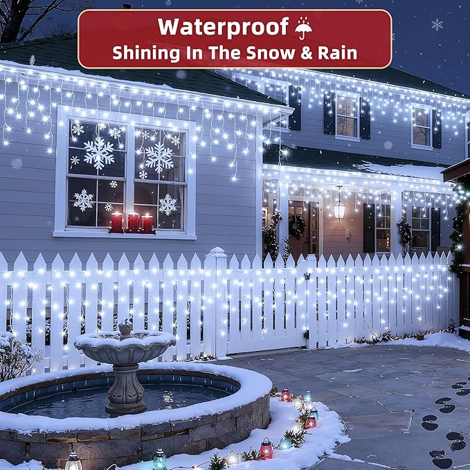 1332 LED 132ft Christmas Lights with 296 Drops, 12 Lighting Modes Cool White Christmas Decoration Twinkling Lights Dimmable, Timer Outdoor Waterproof Fairy Lights for Indoor Garden House Eaves Roof