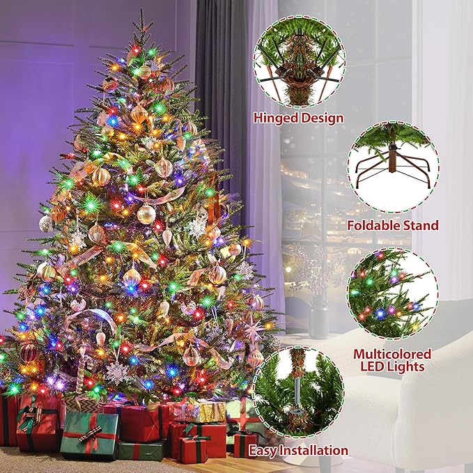 Yaheetech 7.5ft Full Christmas Tree with 1000 Multicolored LED Lights & 1821 Unique Forked Tips,Hinged Tree for Garden,Office,Pre-lit Artificial Christmas Tree with Foldable Metal Stand,Green