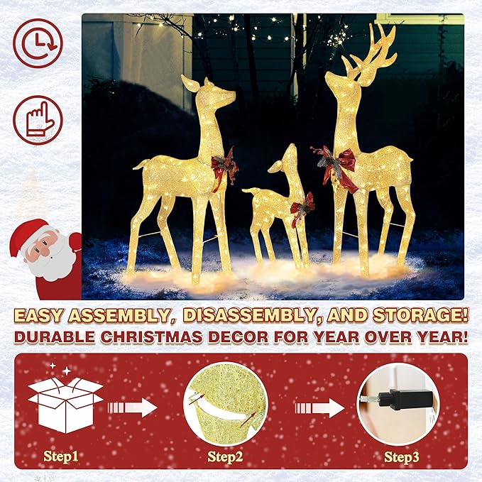 MUPATER Outdoor Christmas Decoration Lighted Deer Family Set Indoor, Christmas Holiday Yard Decor 3-Piece Set for Lawn and Home Party with Lights, Ground Stakes and Zip Ties, Gold