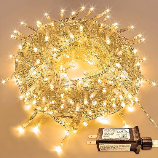 JMEXSUSS Warm White Christmas Lights for Bedroom, 300 LED String Lights Indoor Outdoor Waterproof Clear Wire, 8 Modes Fairy String Lights Plug in for Christmas Tree Bedroom Holiday Christmas Decor