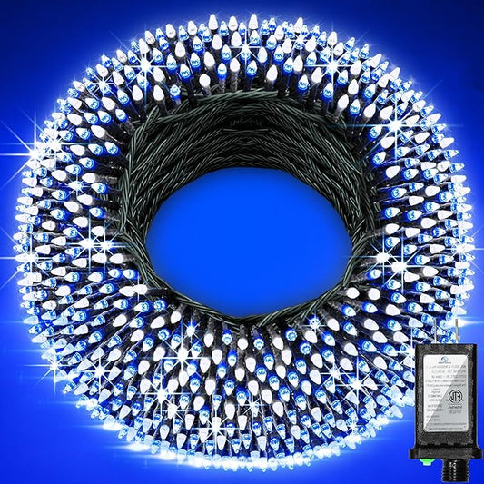 750 LED 256ft Outdoor Christmas Lights, Super Long String Light 8 Modes Timer Memory, Outsite Waterproof Dark Green Wire Fairy Light String for Xmas Tree Wedding Holiday Party Decorations Blue & White