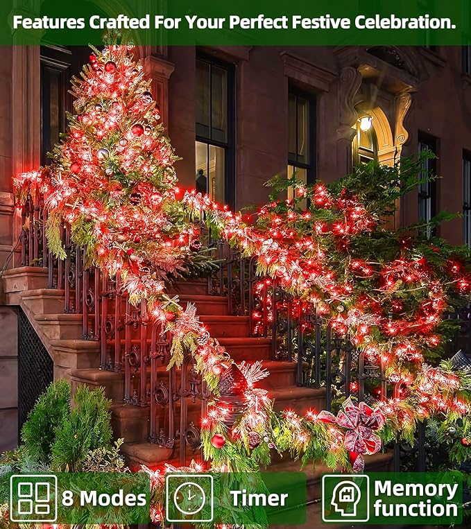 750 LED Outdoor Christmas Lights Decorations, 246ft Green Wire LED Christmas String Lights with Timer Memory, Twinkle Lighs for Indoor Outdoor Xmas Party Christmastree Wedding Garden Patio Red