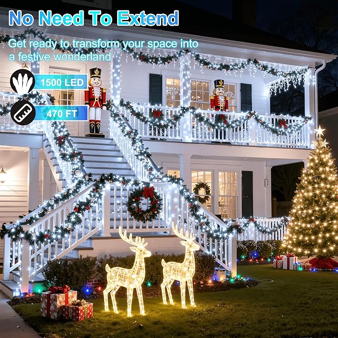 1500LED Christmas Lights Outdoor Use, 470ft 12 Modes Cool White LED String Lights with Timer Dimmable, Waterproof Christmas Tree Lights for Halloween Xmas Patio Fence Balcony Garden Decor Cool White