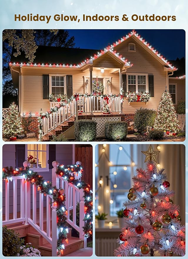C9 LED Christmas Lights Outdoor, 68 Feet 100 LED Strawberry String Lights With 100 Spring Clamps, Waterproof Commercial Grade Extendable for Outside Roofline Patio Home Xmas Decoration, Red & White