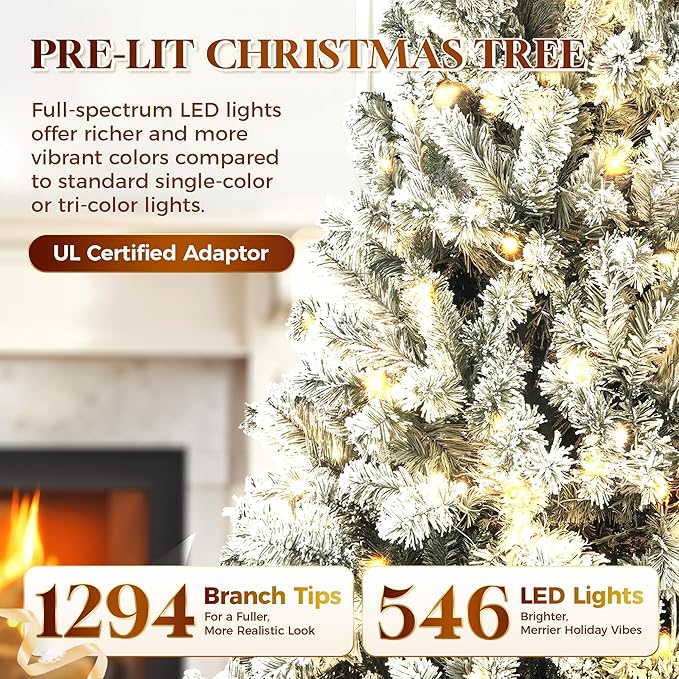 HOLLO STAR 9 ft Flocked Prelit Christmas Tree with 546 LED Lights, App Control, Skinny Artificial Pencil Christmas Tree, Multi-Color RGBW Lights, 1294 Branch Tips, for Small Space, Home, Party