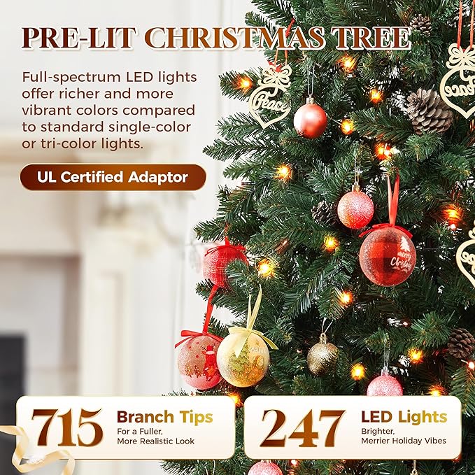 HOLLO STAR 6 ft Prelit Christmas Tree with 247 LED Lights, App Control, Artificial Pencil Christmas Tree with Multi-Color RGBW Lights, 715 Branch Tips, Skinny Xmas Tree, Metal Base, for Home, Party
