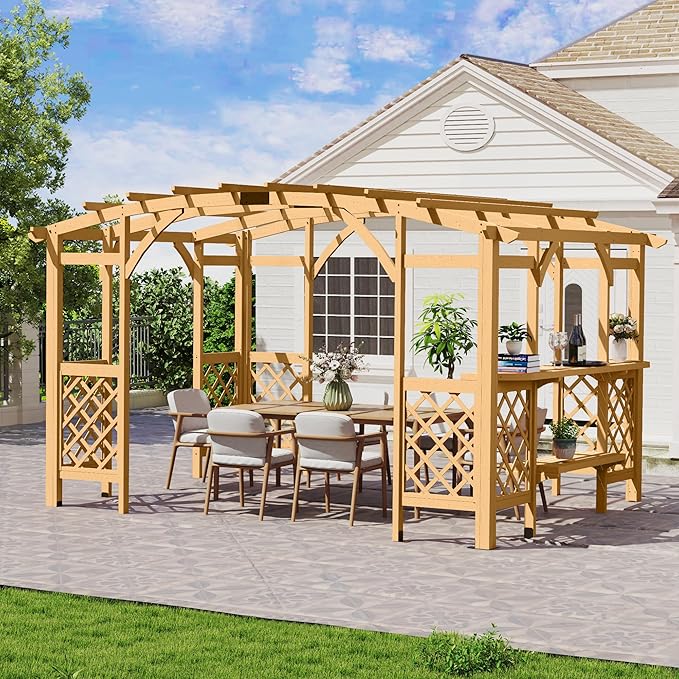 10' x 14' Wood Pergola Outdoor, Patio Pergola Solid Structure with Shelves, Painted Wood Frame with Arched Top for Garden Porch Deck,Brown