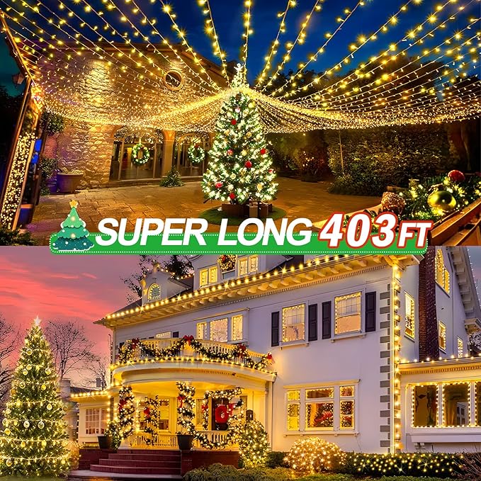 KNONEW 403ft 1000 LED Christmas String Lights Outdoor 8 Modes & Timer Fairy Light Plug in Waterproof LED Wedding Lights for Xmas Yard Tree Party Holiday Decor (Warm White)