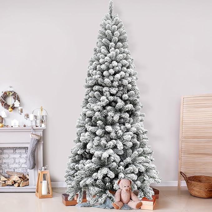 Fraser Hill Farm 12-Ft. Alaskan Pine Flocked Artificial Christmas Tree with Stand, Unlit Foldable Fake Tree with Realistic Snowy Foliage for Home Decoration