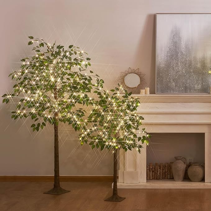 BAOLITVINE Artificial Ficus Silk Tree with Lights 4FT, Lighted Plant Tree with 140 LED Fairy Lights for Home Living Room Spring Summer Decoration