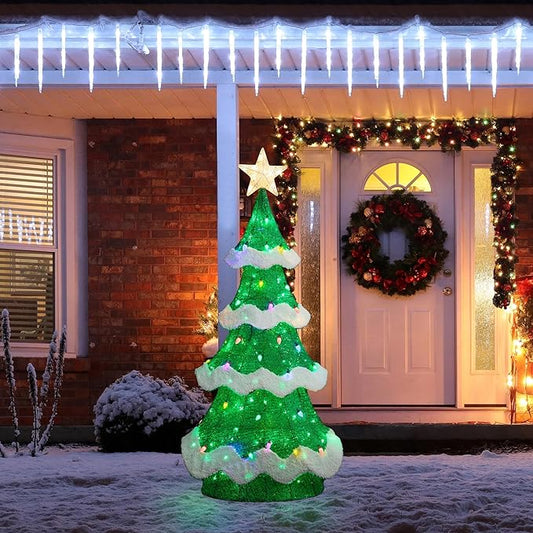 Glitzhome 6FT Outdoor Lighted 3D Christmas Tree, Large Mesh Christmas Tree Holiday Yard Decoration with Colorful Bulbs and 261 Green LED Lights, for Xmas Lighted Holiday Display Indoor Outdoor