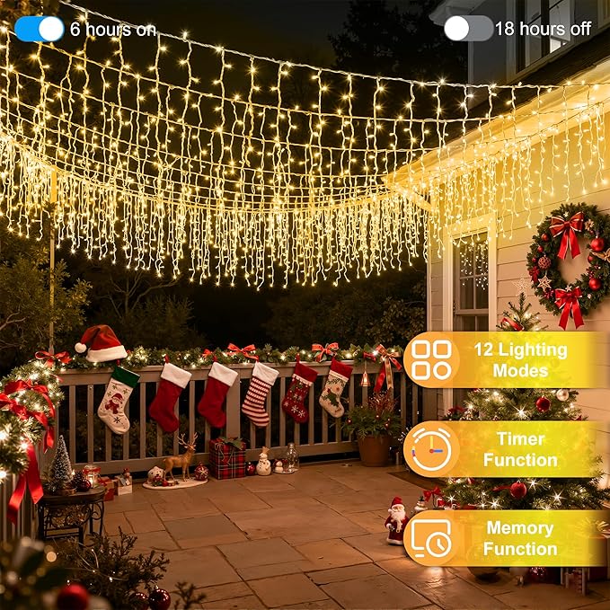 810LED 82ft Christmas Lights, 180Drops 12 Modes Warm White Christmas String Lights Outdoor Dimmable, Waterproof Christmas Decoration Fairy Lights with Timer for Indoor Eaves Party Patio Window Fence