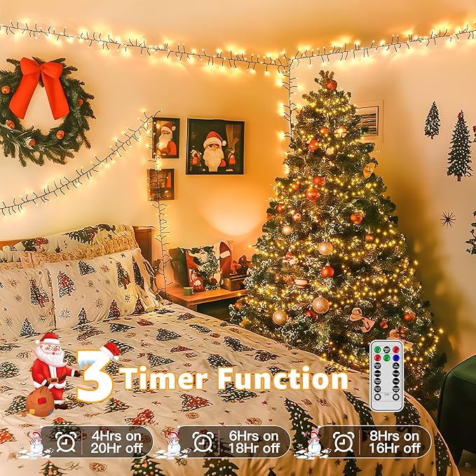500 LED 25 FT Cluster Lights, Warm White Christmas Tree Lights 8 Modes Timer Remote, Waterproof String Lights for Indoor Outside Garland Xmas Decorations