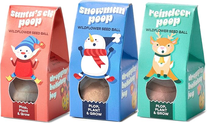 Modern Sprout Wildflower Seed Ball Poop - Christmas Gift - Non-GMO, Hand-Rolled Clay Seed Bombs with Wildflower Seeds - Plop Plant & Grow Gardening Gift Set for Kids & Adults (Jingle Plop - Pack of 3)