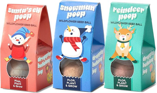 Modern Sprout Wildflower Seed Ball Poop - Christmas Gift - Non-GMO, Hand-Rolled Clay Seed Bombs with Wildflower Seeds - Plop Plant & Grow Gardening Gift Set for Kids & Adults (Jingle Plop - Pack of 3)