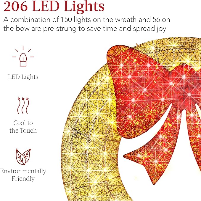 Best Choice Products 60in Pre-Lit Outdoor Christmas Wreath Decoration, LED Metal Holiday Decor for Home Exterior, Garden w/ 206 Lights, Bow - Gold/Red