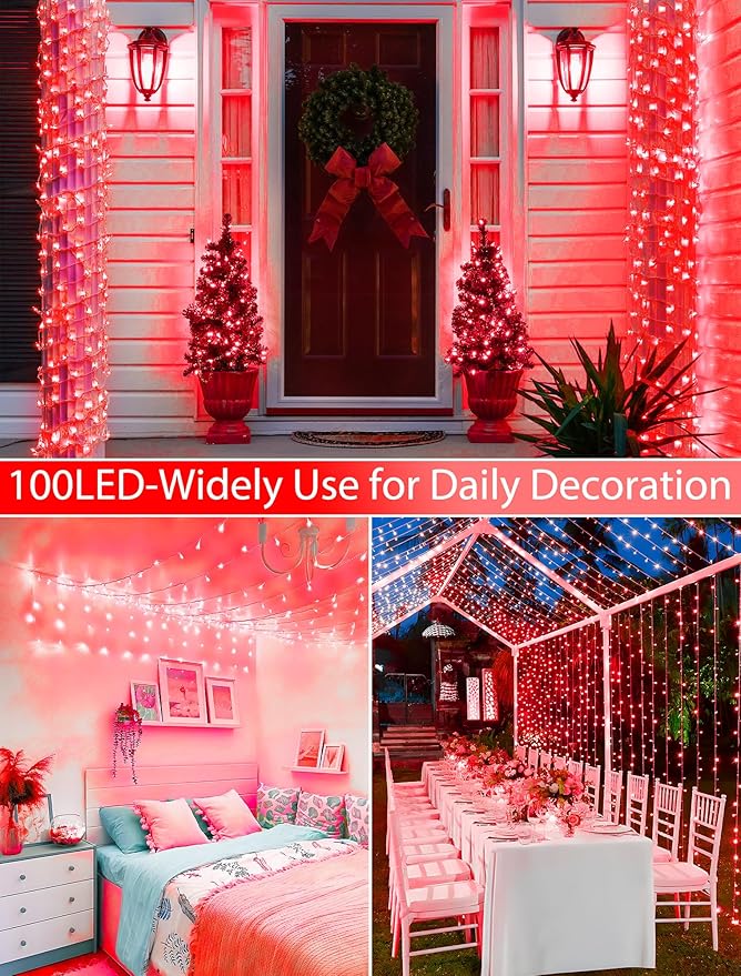 33FT 100 LEDs String Lights Waterproof Fairy Lights 8 Modes with Memory 30V UL Certified Power Supply for Home, Garden, Wedding, Party, Christmas Decoration Indoor Outdoor (Red)