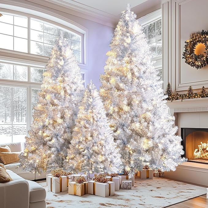 7.4FT 6FT 4FT Silver Pre-Lit Artificial Christmas Tree Set of 3, Hinged Full Xmas Trees with 2400 Branch Tips & 850 Multi-Color LED Lights, 11 Lighting Modes, Metal Stands, Holiday Decorations