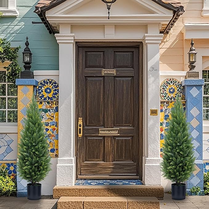 3ft Artificial Topiary Trees Artificial Cedar Trees UV Resistant Bushes Potted Set of 2 Faux Shrubs for Outdoor Indoor Front Porch Garden