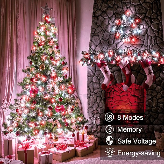 165FT 500 LED Christmas Lights, Plug in Christmas String Lights with Waterproof, 8 Modes Twinkle Fairy Lights for Xmas Garden Tree Holiday Decorations, Red White