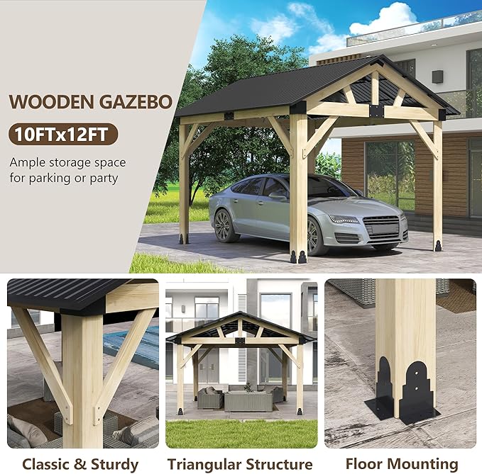 Wood Gazebo 10'x12', Cedar Wooden Gazebos, Outdoor Hardtop Gazebo with Waterproof Steel Roof, Fit Patio, Backyard, Garden, Lawns, Porch