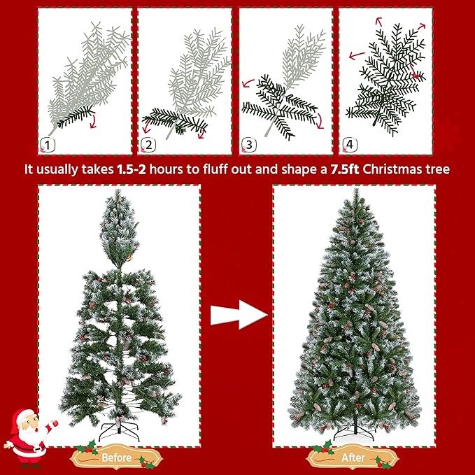 Yaheetech 7.5ft Pre-lit Frosted Artificial Hinged Christmas Tree with 1398 Flocked PVC Tips,88 Pine Cones,88 Holly Berries & 500 Warm White Lights,Foldable Stand,Green