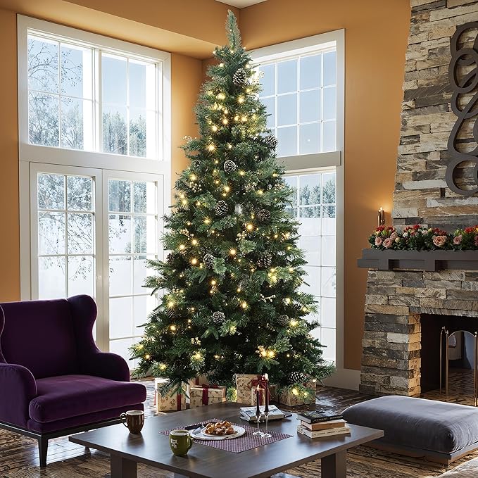 LuxenHome 7.5FT Prelit Christmas Tree with Lights, Slim Artificial Christmas Tree with 350 LED Lights and Pine Cone, 1247 PE+PVC Branch Tips, Plug-in Prelit Pine Tree Indoor, Outdoor Holiday Décor