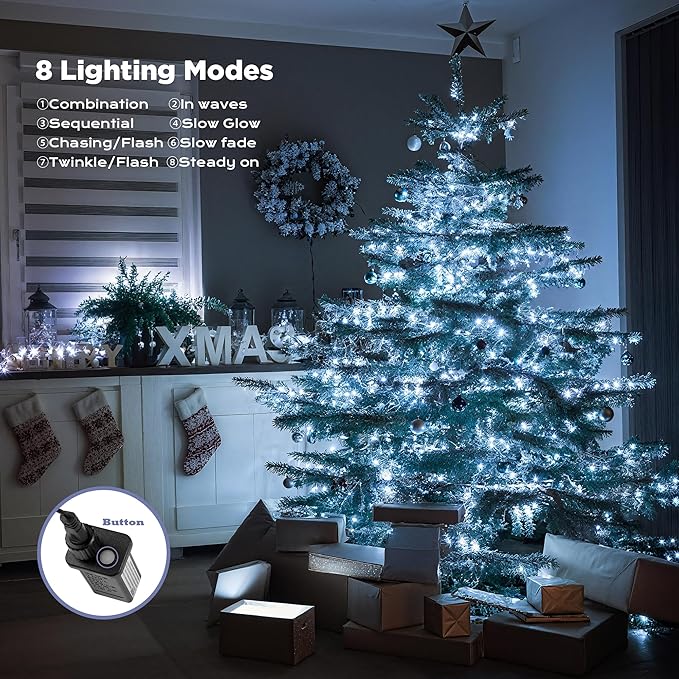 WBao Christmas Lights Indoor Outdoor 300LED 108ft, Super Bright LED Christmas String Lights with UL Certified, 8 Modes, Timer, Connectable & Waterproof for Trees, Patio, Xmas Party Decor, Cool White